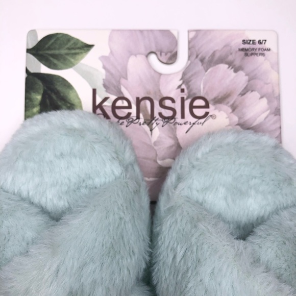 KENSIE Memory Foam Slippers Faux Fur Mint Green / Turquoise Pink Straps Sz S 6/7 - Picture 4 of 8